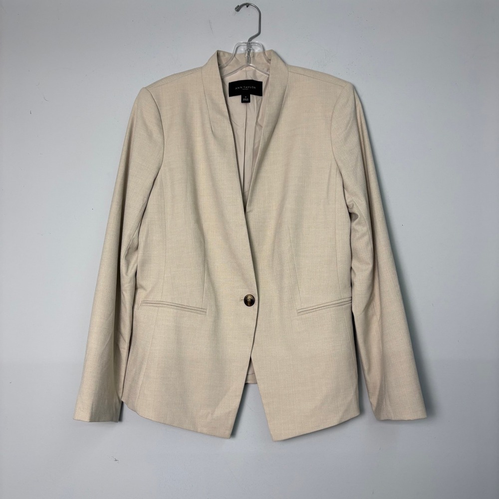 Ann Taylor Beige Herringbone Single Button Blazer Jacket Size 10 Womens Academia